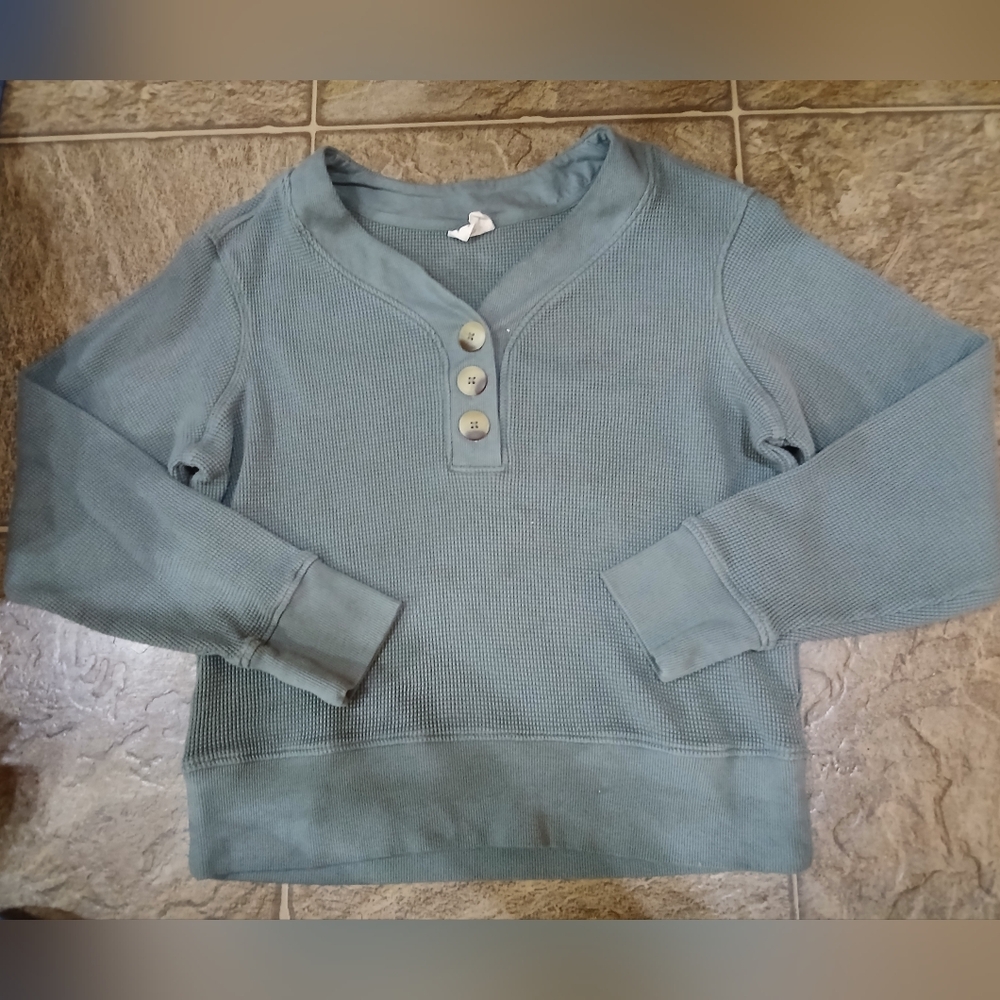Pact Waffle Knit Henley Sweater - Sage Green Oversized Sz Xs
